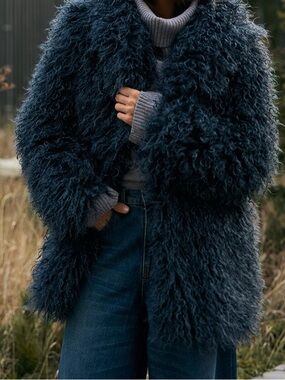 Zara Basic Shaggy Faux Fur Coat Blue/Emerald Size S